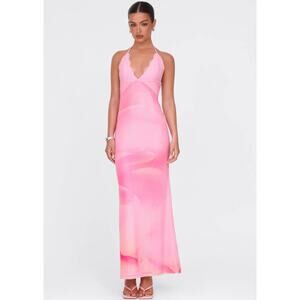 Tiger Mist Denae Maxi Dress Lace Halter Tie Neck Backless Y2K Pink Midi